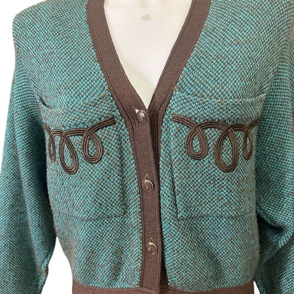 St. John Vintage 1970s V-Neck Green Brown‎ Buttoned Knit Sweater Cardigan Sz 12 - Picture 2 of 9